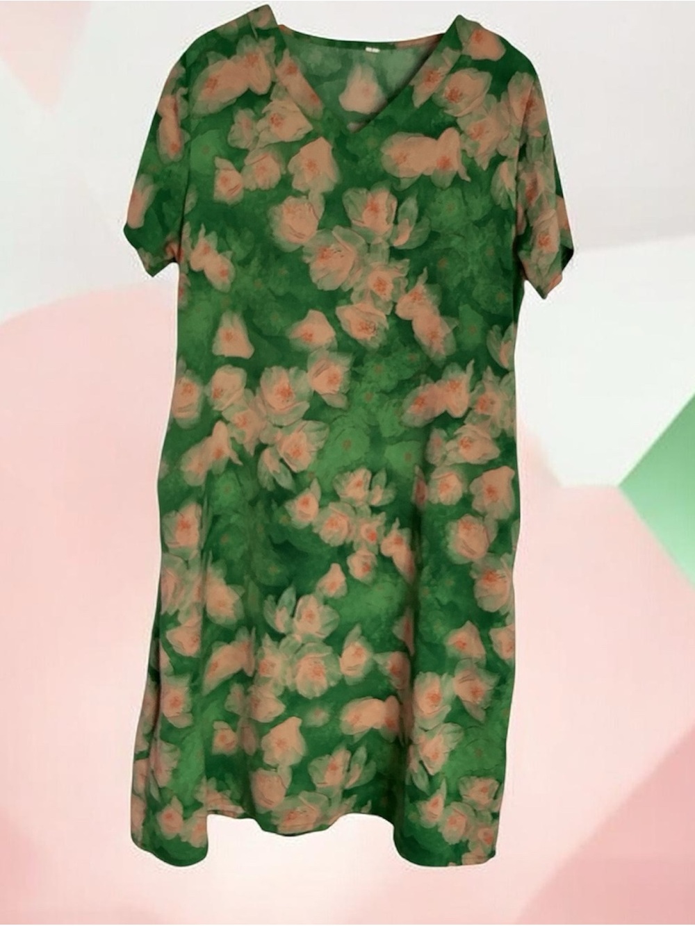 Green Floral V-Neck Short Sleeve Side Pockets Dress